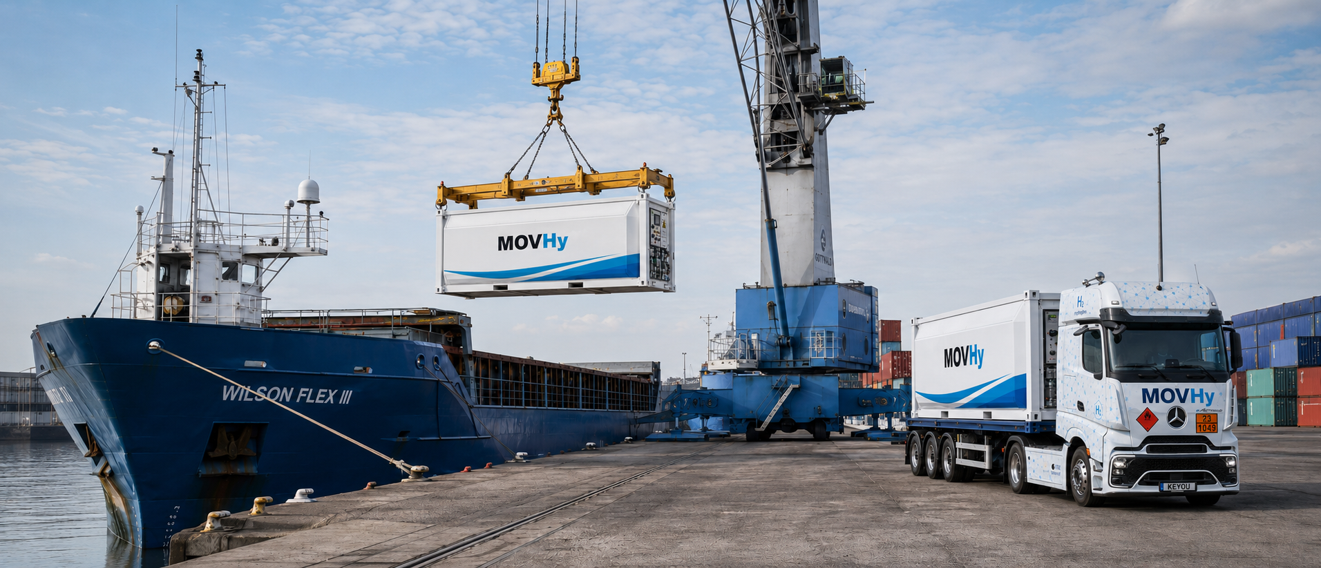 Conteneur hydrogène transporté dans un port multimodal